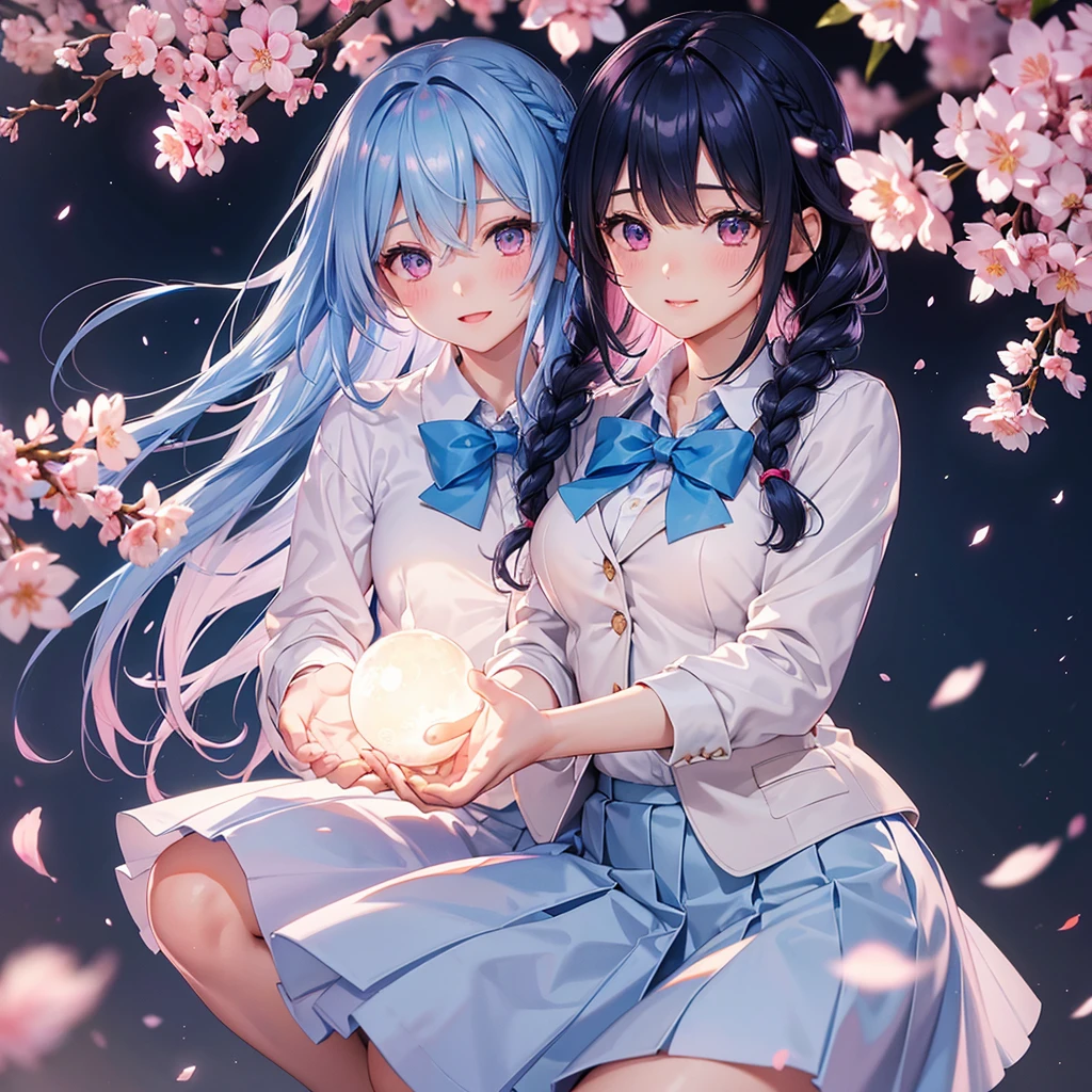 (Sky blue medium hair),(Braided hair tied together)、Pink eyes、Fair skin、(whole body)、(One Girl)、(School uniform blazer)、Cherry Blossoms at Night、A big smile、、(masterpiece、Highest quality、Very detailed、Best Shadow)、(Detailed Background)、(Beautifully detailed face)、High contrast、(Best lighting、Very delicate and beautiful)、((Cinematic Light))、colorful、Hyper Detail、Dramatic Light、Exquisite detail、