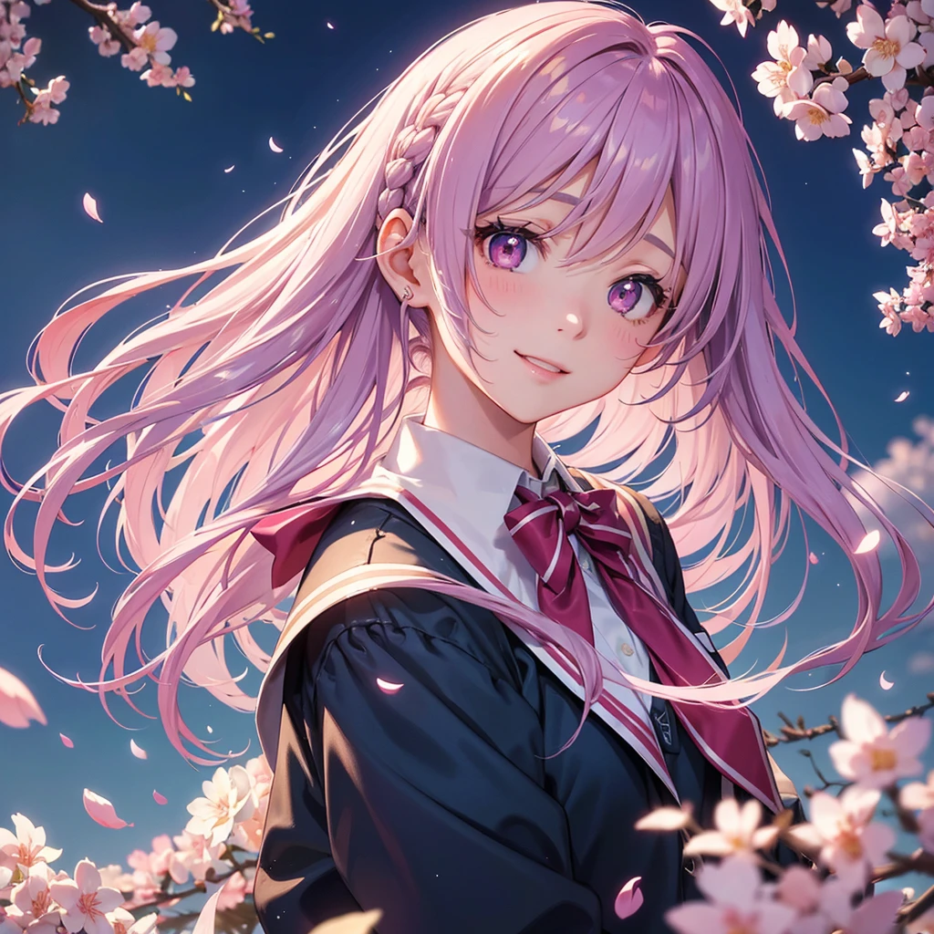(Sky blue medium hair),(Braided hair tied together)、Pink eyes、Fair skin、(whole body)、(One Girl)、(School uniform blazer)、Cherry Blossoms at Night、A big smile、、(masterpiece、Highest quality、Very detailed、Best Shadow)、(Detailed Background)、(Beautifully detailed face)、High contrast、(Best lighting、Very delicate and beautiful)、((Cinematic Light))、colorful、Hyper Detail、Dramatic Light、Exquisite detail、