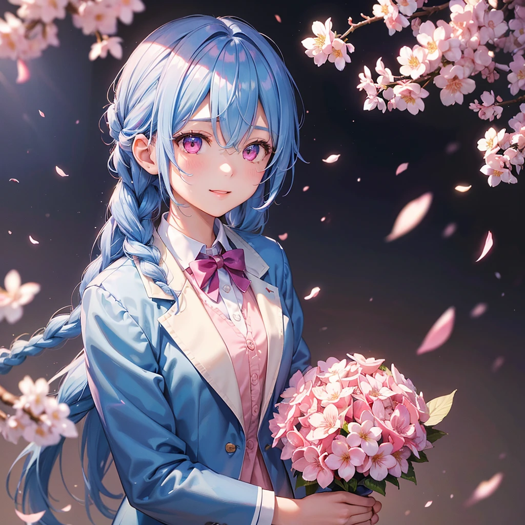 (Sky blue medium hair),(Braided hair tied together)、Pink eyes、Fair skin、(whole body)、(One Girl)、(School uniform blazer)、Cherry Blossoms at Night、A big smile、、(masterpiece、Highest quality、Very detailed、Best Shadow)、(Detailed Background)、(Beautifully detailed face)、High contrast、(Best lighting、Very delicate and beautiful)、((Cinematic Light))、colorful、Hyper Detail、Dramatic Light、Exquisite detail、