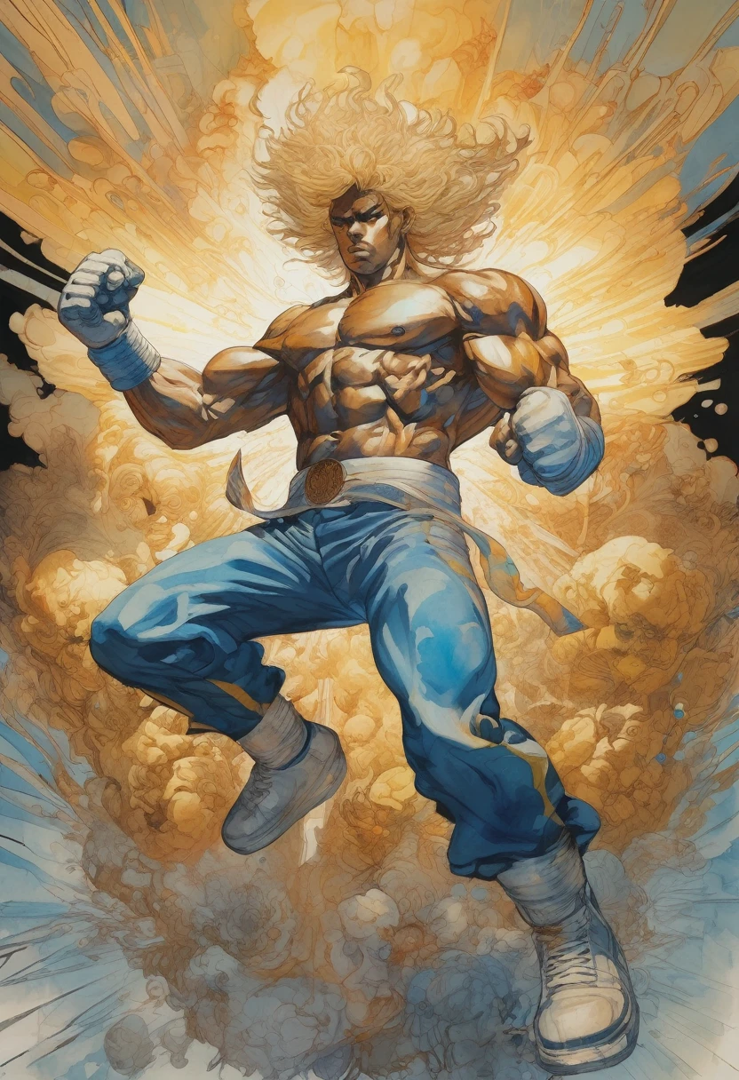 artwork:Katsuya Terada 、hit a straight right in boxing、Right straight、Generates plasma in the fist、Shiden、roar、Waist-wounded outfit、Light and shadow background、High contrast、 (Vector art:1.4), Watercolor、diego gisbert lawrence、Joe San Gonzalez Dan Mumford、Picture book illustrations、vague、superwide shot、Highest quality、Intensive、Golden ratio composition、