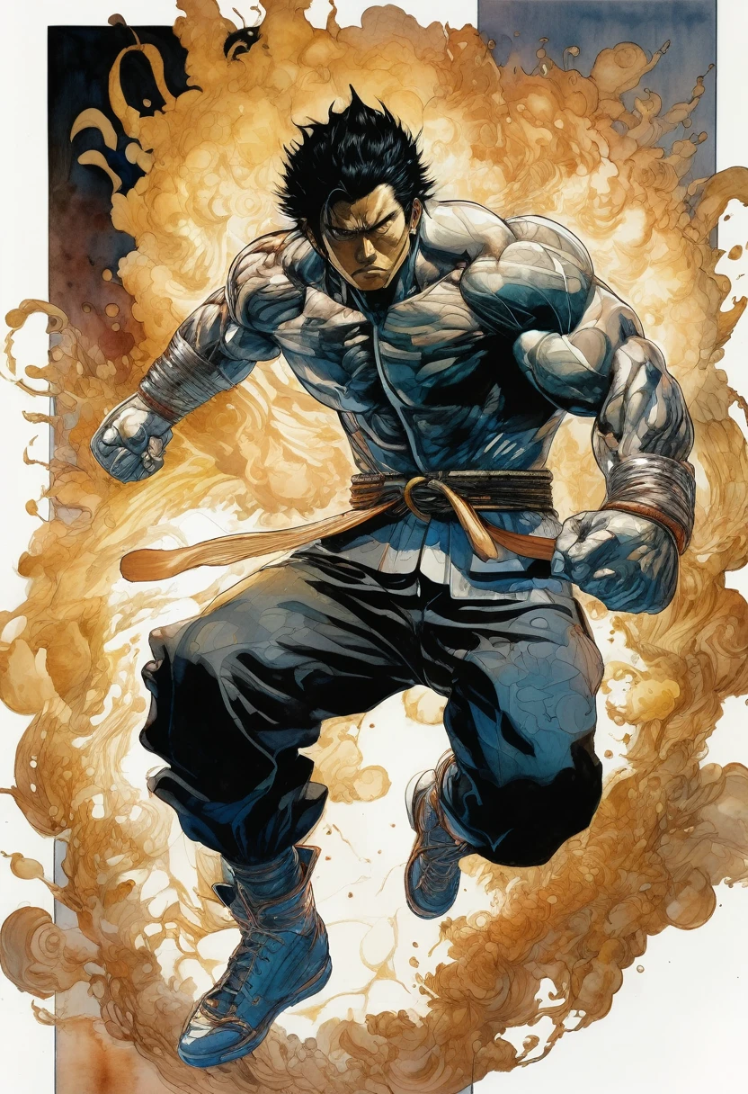 artwork:Katsuya Terada 、hit a straight right in boxing、Right straight、Generates plasma in the fist、Shiden、roar、Waist-wounded outfit、Light and shadow background、High contrast、 (Vector art:1.4), Watercolor、diego gisbert lawrence、Joe San Gonzalez Dan Mumford、Picture book illustrations、vague、superwide shot、Highest quality、Intensive、Golden ratio composition、