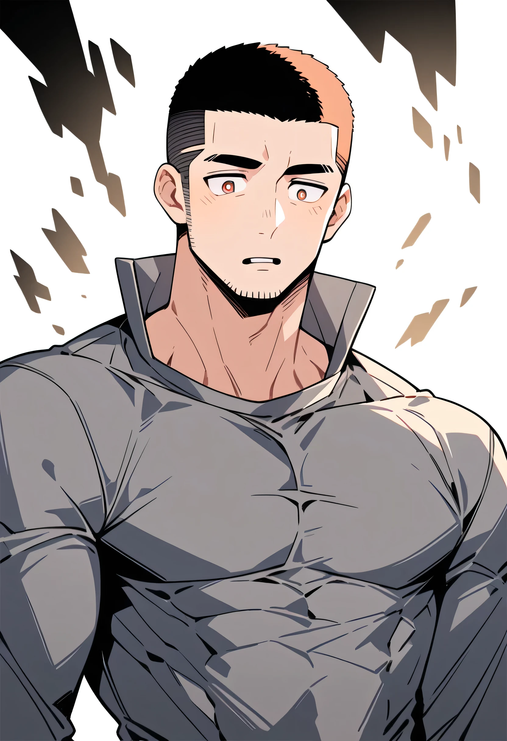 anime characters:Priapus, Muscle Sports Student, Buzz Cut, Manliness, male focus, Light Grey high collar long sleeve tight T-shirt, Very tight, full and perky chest muscles, muscular male, muscular, only, Upper body, alone, Black short hair, Thick eyebrows, stubble, Brown-red pupils, White background, simple background, amazing quality, best aesthetics, Ridiculous, crew cut, parted lips, flustered, endured face, negative space, best quality