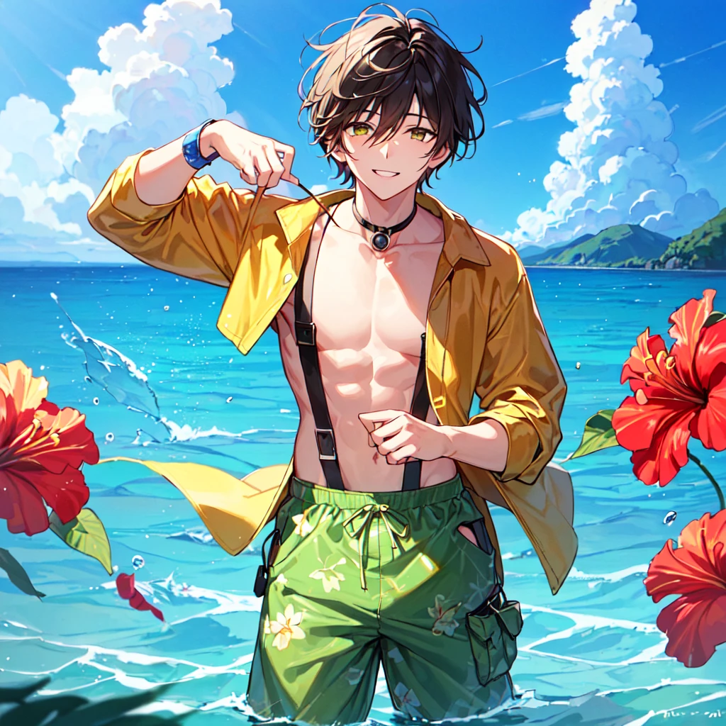 masterpiece, best quality, high quality, extremely detailed, (1 male handsome age 20 years old solo one: 1.5), (short short hair up to neck, bangs up to eyes: 1.5), (hair color brown), (eyes yellow green: 1.3), 8 head tall, slender Nose, Expression Muscles, Throat, (Pectoral and Rectus Abdominis: 1.3), (Hibiscus Print in Boxer Sea Water Pants: 1.3), (Smile: 1.3), (Playing Underwater: 1.3), (dynamic pose), (Background tropical sea: 1.3), ( sunset: 1.3)