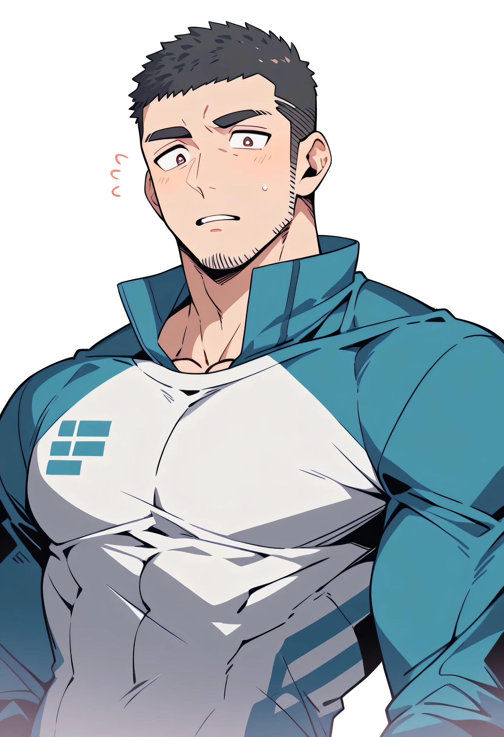 anime characters:Priapus, Muscle Sports Student, Buzz Cut, Manliness, male focus, Light Grey high collar long sleeve tight T-shirt, Very tight, full and perky chest muscles, muscular male, muscular, only, Upper body, alone, Black short hair, Thick eyebrows, stubble, Brown-red pupils, White background, simple background, amazing quality, best aesthetics, Ridiculous, crew cut, parted lips, flustered, endured face, negative space, best quality