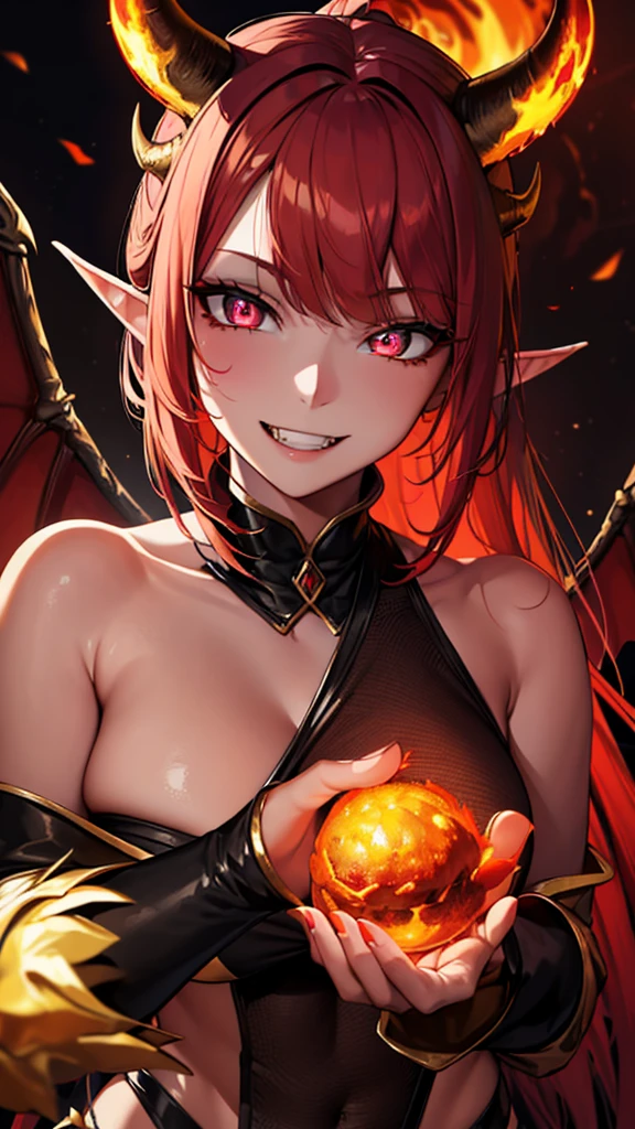 (masterpiece, best quality, absurdres), high quality, highres, ultra detailed, intricate, depth of field, cinematic lighting, soft lighting, yellow light, night, close-up, looking at viewer, beautiful woman, 1girl, dragon girl, medium breasts, red hair, ponytail , detailed pink eyes, ((predator pupils, glowing eyes)),(black horns, horns towards bangs, bangs), wings, ((evil smile, fangs, smirk)), fantasy, realistic fire in background, surrounded by fire, embers, molten rock, elf ears