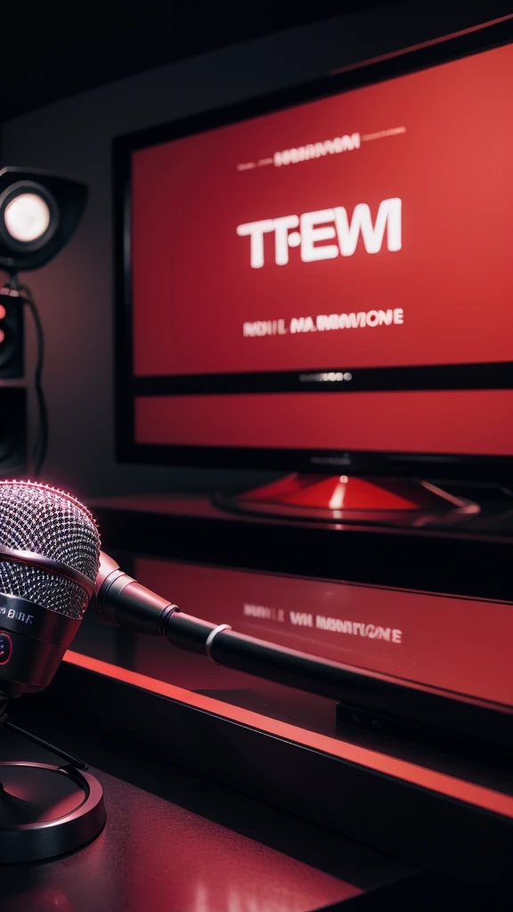podcast with red microphone and television