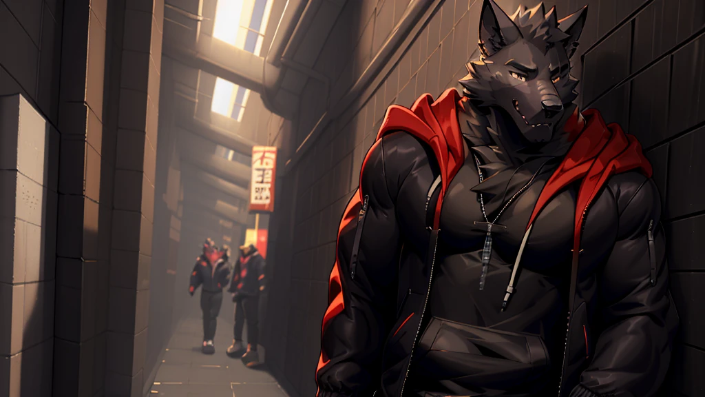 Black Wolf , alone, looking at the audience, shirt, 1 boy, jacket, male focus, open clothes, hood, black shirt, hoodie, muscular, chest muscles, muscular male, only, hooded jacket, sharp nails, normal school corridor as a background, day, sunny, black fur, student, alone, mad, center of image 