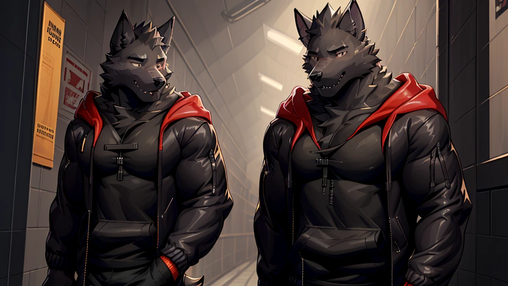 Black Wolf , alone, looking at the audience, shirt, 1 boy, jacket, male focus, open clothes, hood, black shirt, hoodie, muscular, chest muscles, muscular male, only, hooded jacket, sharp nails, normal school corridor as a background, day, sunny, black fur, student, alone, mad, center of image 