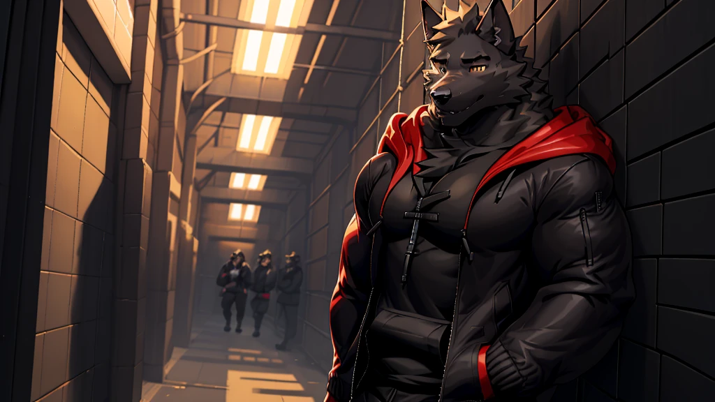 Black Wolf , alone, looking at the audience, shirt, 1 boy, jacket, male focus, open clothes, hood, black shirt, hoodie, muscular, chest muscles, muscular male, only, hooded jacket, sharp nails, normal school corridor as a background, day, sunny, black fur, student, alone, mad, center of image 