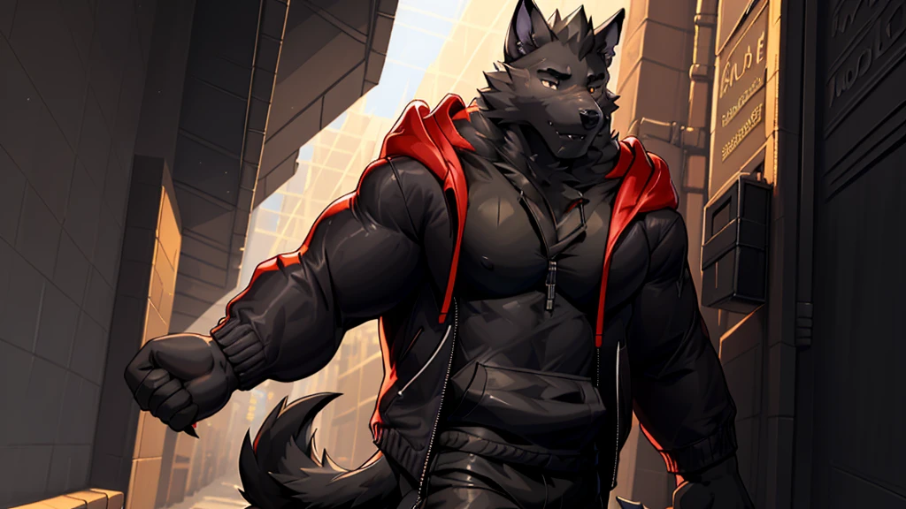 Black Wolf , alone, looking at the audience, shirt, 1 boy, jacket, male focus, open clothes, hood, black shirt, hoodie, muscular, chest muscles, muscular male, only, hooded jacket, sharp nails, normal school corridor as a background, day, sunny, black fur, student, alone, mad, center of image 