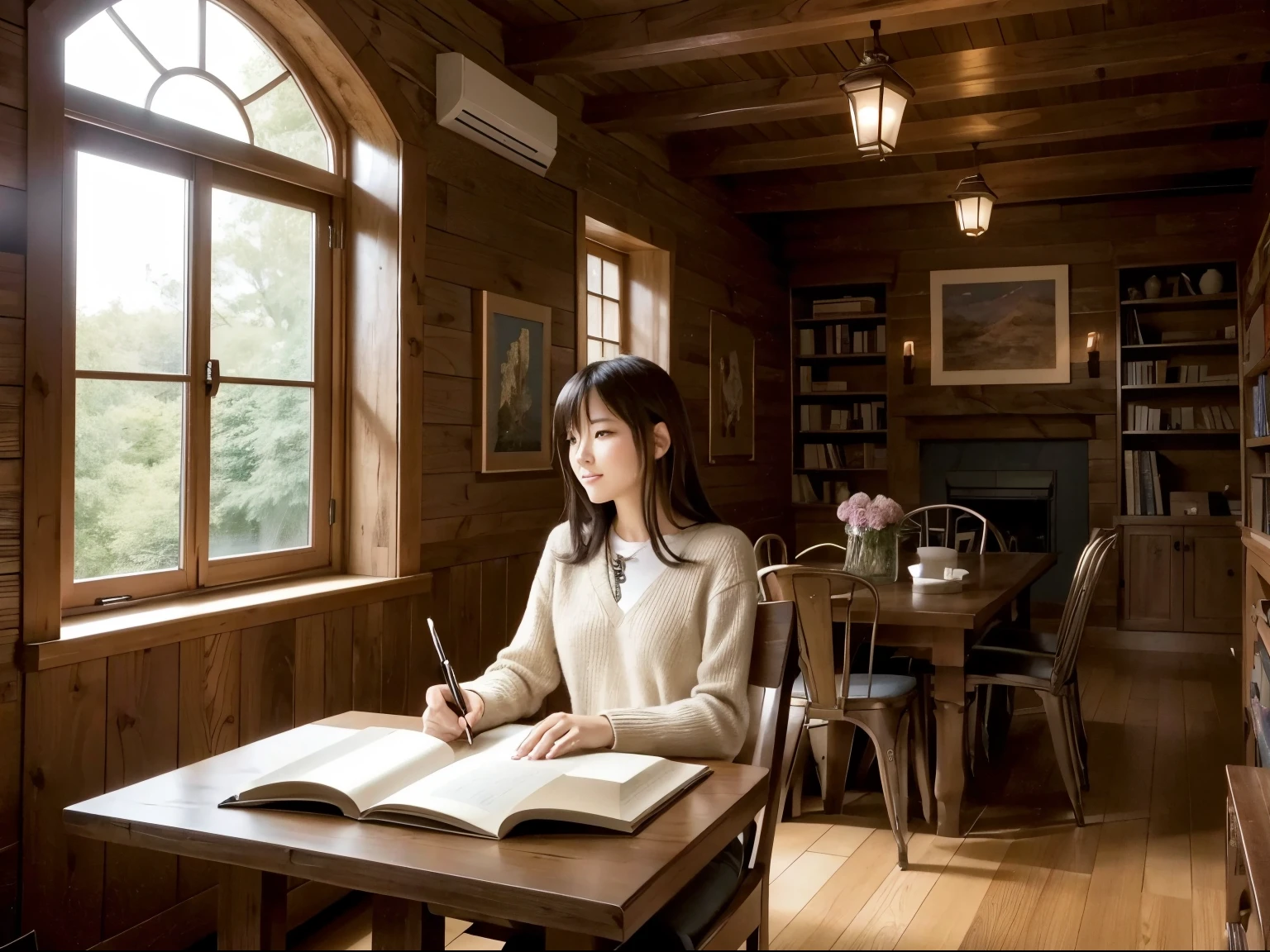 Create an anime cartoon-style image of a person studying in a rustic setting. The person must be sitting at the table, writing in a notebook. Ao fundo, there must be a window overlooking a lush garden. The place must have shelves full of books, a cozy fireplace and a piano. Make sure the image conveys a welcoming and inspiring study atmosphere.