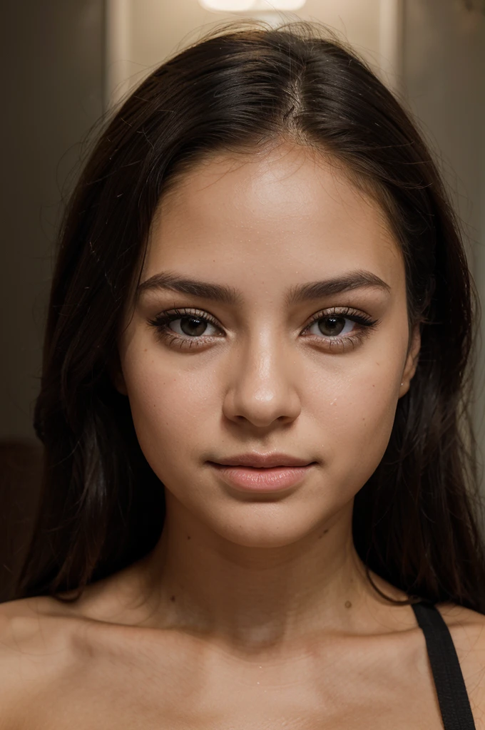 a beautiful young woman, cute woman, pretty woman, face detailled, lightnning luminosity, persistant regard, beautiful look, detailed portrait, realistic, gorgeous face, plump lips, black eyes, dimple, high quality, 8k, hyper realistic, photorealistic award winning, studio lighting, latina girl, mixed race, bronze, little face, cute face, european beauty