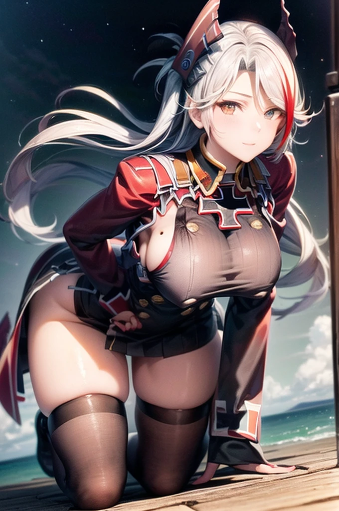 ((PrinzV4:1.5)),((独奏, 1girl)) ((masterpiece,Highest quality,Highly detailed images,Beautiful images、Realistic、Dutch Angle)),(Top-down angle image)、 (Bright lighting overall、Backlight、A fantastic atmosphere、Thick Fog、Dust flutters),(Sexy pose、sideboob、large breasts, Place your hands behind your back:1.5、Leaning forward、Charming smile), ((Mysterious night sky、shooting star、Stars Shining、Ocean))、Black sleeves、Emphasize the chest、Looking up、Hands behind the body、Leaning forwardに