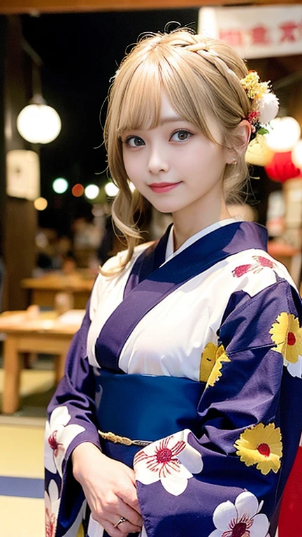 Summer Festival at Night,Japan woman in yukata、Blonde woman、((Tabletop)),(Realistically:1.5),最high quality,high quality,Absurd,Rich colors,Great art,最high quality, Super detailed,Beautiful details,Calm blonde woman、Age: 30、Blonde beauty、Blonde Japanese、20歳に見えるAge: 30、