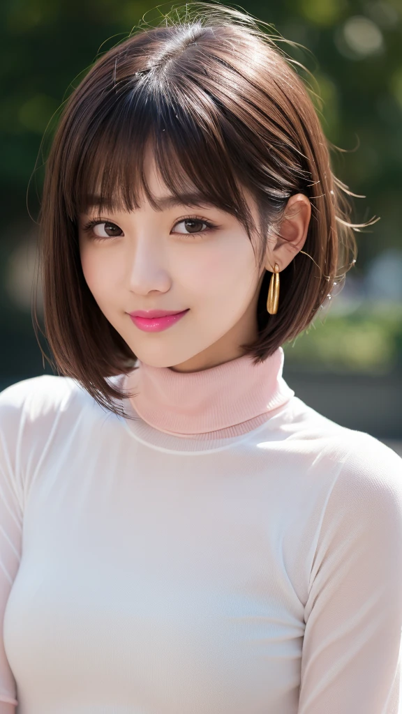No sleeve, White sheer turtleneck shirt、Tight skirt with lots of debris:1.3)). 40k, photograph, masterpiece, Highest quality, Dark Gray Background, ((beautiful girl)), ((E Cup)), perfectionな顔, perfection , ((E Cup)), ((smile、1 girl with brown eyes and beautiful light black hair)). Beautiful Japanese Women，Very white skin, . Highly detailed face, fine grain, Embarrassing, smile, summer, Daytime, whole body, (Golden ratio face、plump lower lip、Pink Lips:1.4)、fine grain、Detailed nose、Fine ears、Wet and glossy lip detail、,(CG Unity 8k high resolution wallpaper), Complex, Attention to detail, Sharp focus, dramatic, beautiful girl, (Brown Hair、Blunt bangs, Forehead