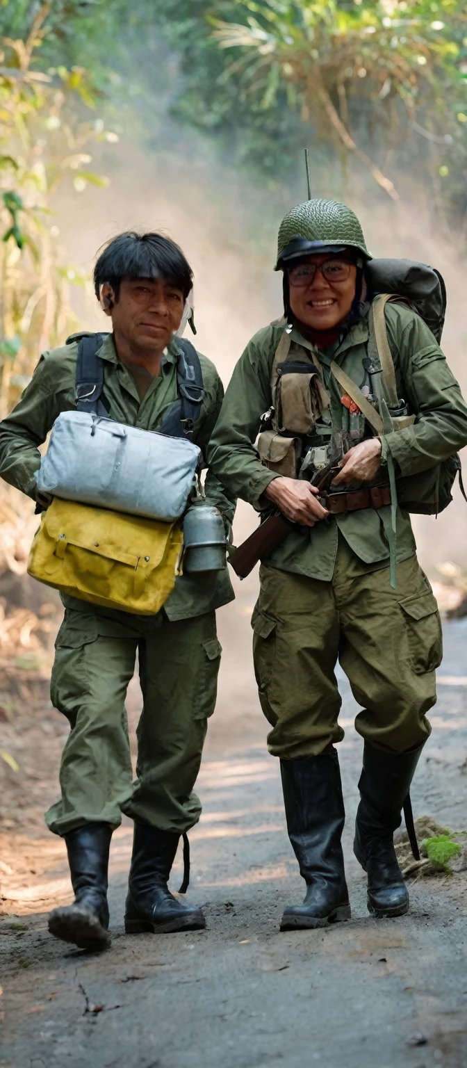 Man wearing steel pot and chinstrap, wear cotton and nylon jacket OG- 107 , OG-107 6-pocket pants, jacket with 4 pockets and button closure, He has black leather jungle boots, rubber sole and laces, The man carries and has Canteen Dressed with Belt, schoolbag, By the way, bayonet,Grenades,ammunition, rifle, dressed as a war soldier, of them intricate, photo taken in the jungle of vietnam, jungle scene,, both dressed in green jackets