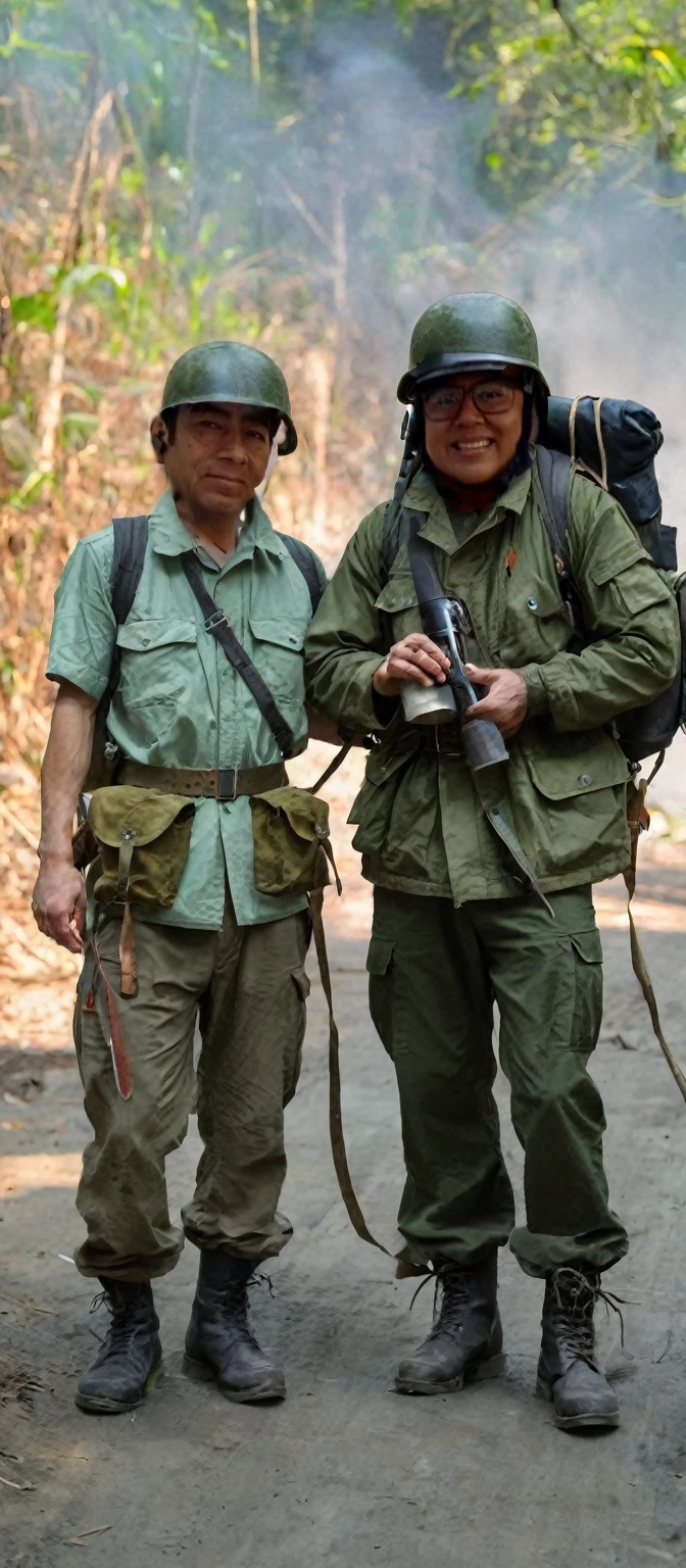 Man wearing steel pot and chinstrap, wear cotton and nylon jacket OG- 107 , OG-107 6-pocket pants, jacket with 4 pockets and button closure, He has black leather jungle boots, rubber sole and laces, The man carries and has Canteen Dressed with Belt, schoolbag, By the way, bayonet,Grenades,ammunition, rifle, dressed as a war soldier, of them intricate, photo taken in the jungle of vietnam, jungle scene,, both dressed in green jackets