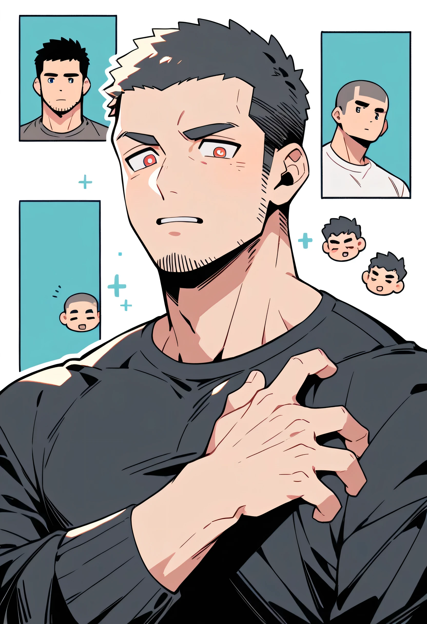 anime characters:Priapus, Muscle Sports Student, Buzz Cut, Manliness, male focus, Light Grey high collar long sleeve tight T-shirt, Very tight, full and perky chest muscles, muscular male, muscular, only, Upper body, alone, Black short hair, Thick eyebrows, stubble, Brown-red pupils, White background, simple background, amazing quality, best aesthetics, Ridiculous, crew cut, parted lips, flustered, endured face, projected inset, best quality