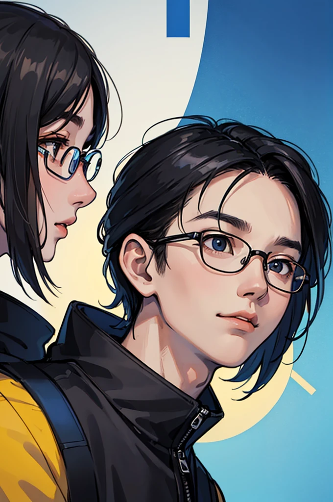 Young man looking away from camera, headshot profile photo, Asian with round face, profile portrait, portait photo profile picture, profile shot, Side profile center portrait, profile image, side profile portrait, profile photo, mid shot portrait, High quality, Black hair, bright blue padded jacket, round eyeglasses