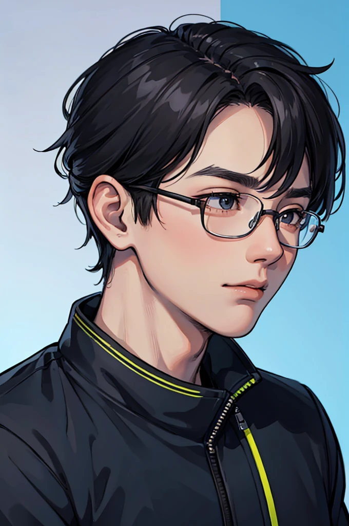 Young man looking away from camera, headshot profile photo, Asian with round face, profile portrait, portait photo profile picture, profile shot, Side profile center portrait, profile image, side profile portrait, profile photo, mid shot portrait, High quality, Black hair, bright blue padded jacket, round eyeglasses