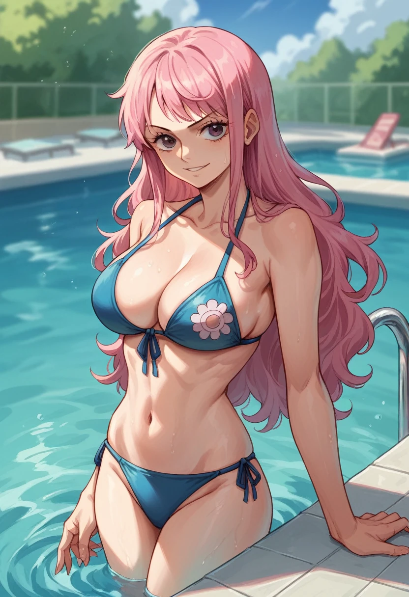 art by Eiichirio Oda, vinsmoke reiju from one piece anime, pink hair, swimming pool background, bikini, sexy posture