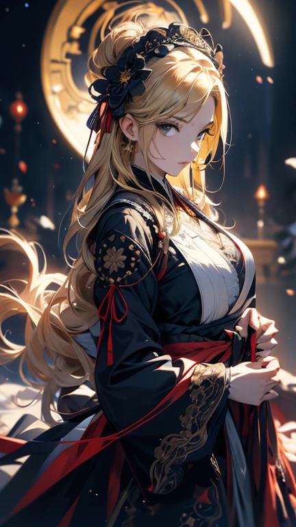 masterpiece, high quality, 4K, Beautiful design, silhouette，blonde， 非常に詳細な夜のStarry Sky,Flower Field， wonderful, Finer details,  Very knowledgeable woman, Highly detailed solo, 1 female,Big Breasts，Gothic Lolita Fashion，Hold the fan in front of your chest.，Night view，Starry Sky，full moon，