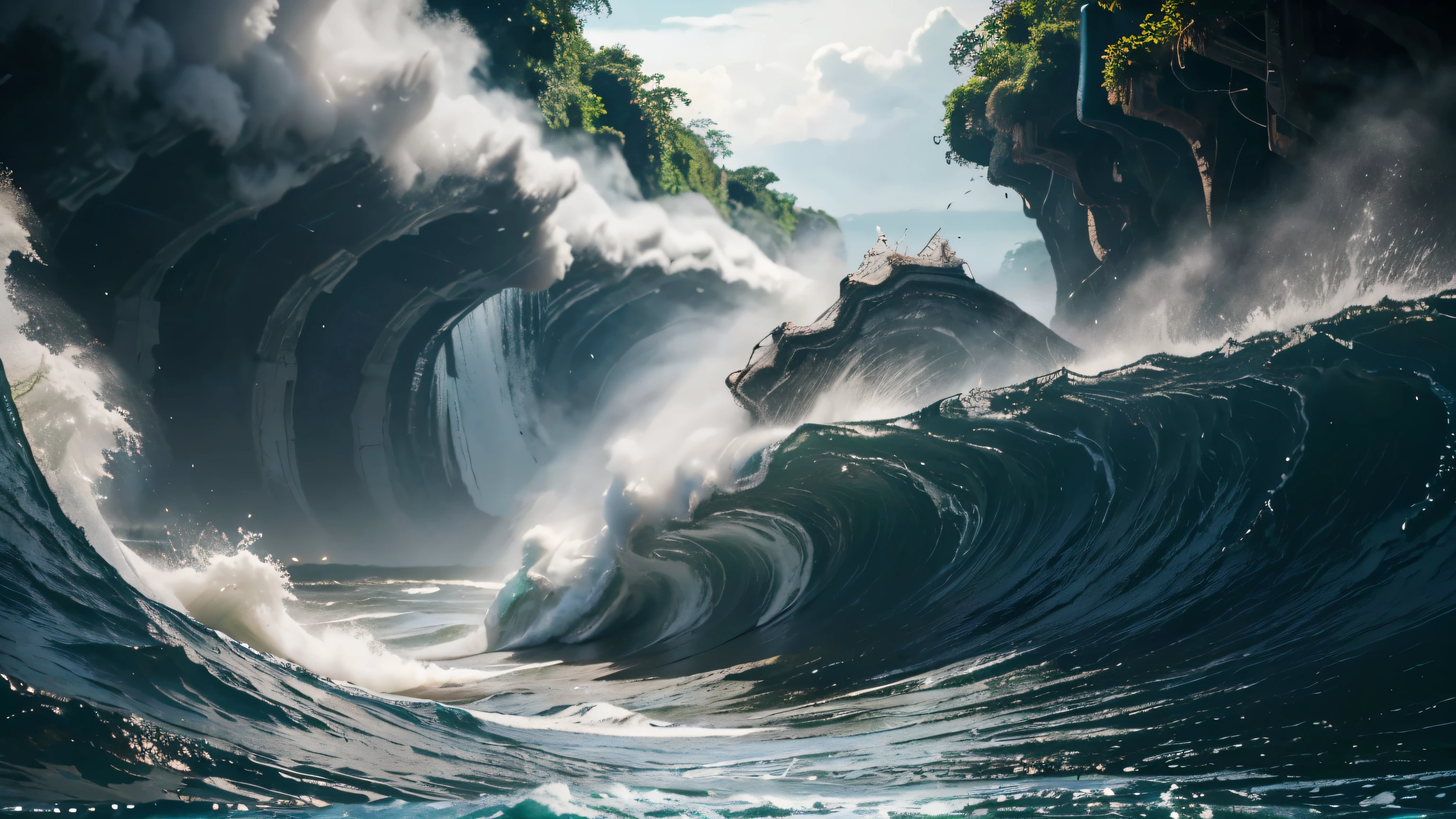 The sea wave advances over the river, goes up the river destroying both banks, the sea wave enters the river causing it to retreat in a large wave, facing him, the wave is transverse to the banks and rises up the river with the force of a tsunami, destroying the sides. A tsunami penetrating the Atlantic into the Amazon River a tsunami entering the Amazon River facing it, A giant wave, Amazon, rises up the Amazon River, devastating the sides, it is a giant wave and a tsunami invading the Amazon River, devastating the sides, the Amazon River at its mouth is 300 km wide and narrows as it goes up the rivers reaching 15 km wide the wave is only around 8 meters high but reaches the entire length from side to side of the river bank an image Super detailed of the Pororoca at the mouth of the Amazon River the Pororoca is a phenomenon when the Atlantic invades the Amazon River when it appears it overcomes the strength of the giant River and rises up the River and as it rises the River destroys trees and ravines on the banks of the Amazon River ((best quality)), ((masterpiece)), (detailed),