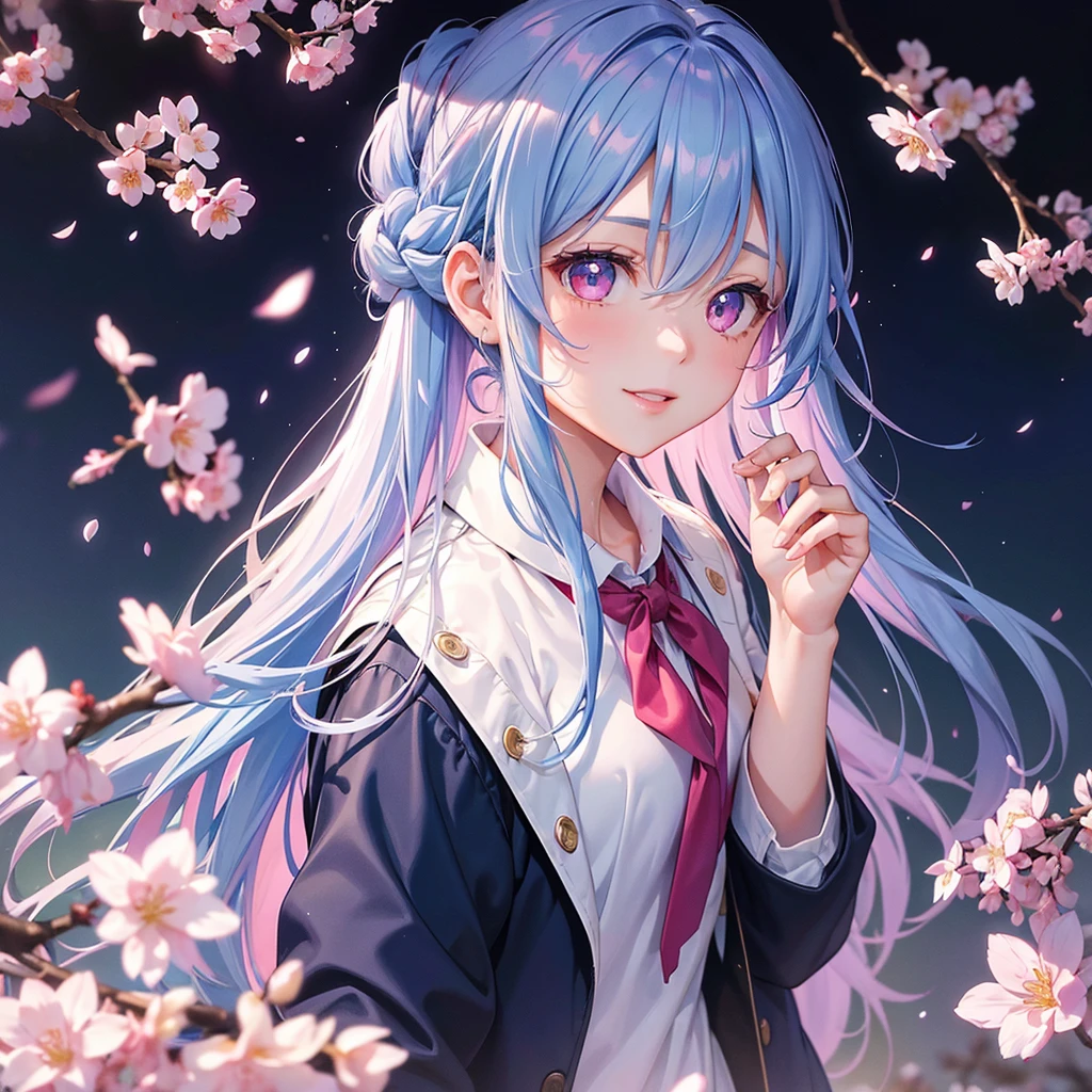 (Sky blue medium hair),(Braided hair tied together)、Pink eyes、Fair skin、(whole body)、(One Girl)、(School uniform blazer)、Cherry Blossoms at Night、A big smile、、(masterpiece、Highest quality、Very detailed、Best Shadow)、(Detailed Background)、(Beautifully detailed face)、High contrast、(Best lighting、Very delicate and beautiful)、((Cinematic Light))、colorful、Hyper Detail、Dramatic Light、Exquisite detail、