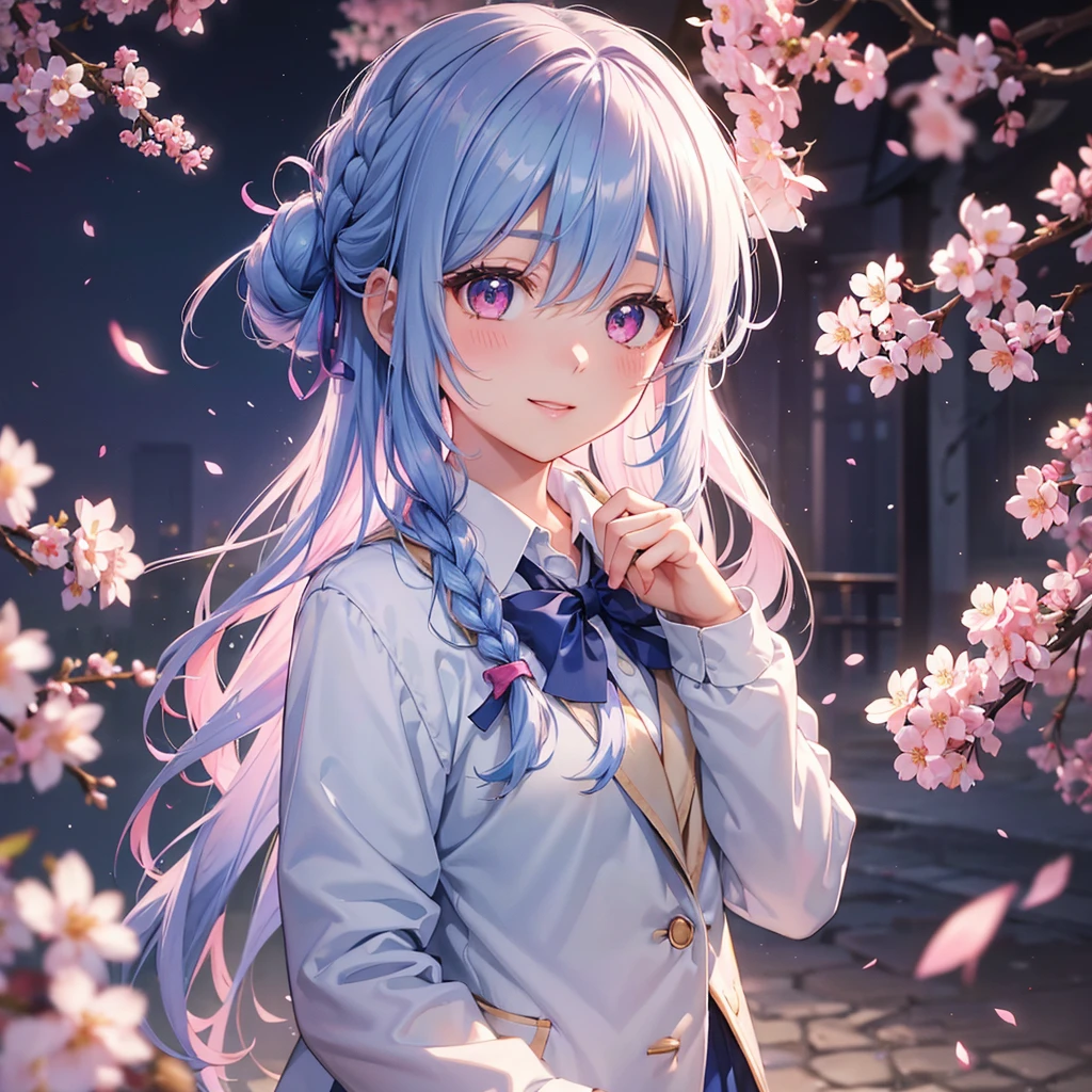 (Sky blue medium hair),(Braided hair tied together)、Pink eyes、Fair skin、(whole body)、(One Girl)、(School uniform blazer)、Cherry Blossoms at Night、A big smile、、(masterpiece、Highest quality、Very detailed、Best Shadow)、(Detailed Background)、(Beautifully detailed face)、High contrast、(Best lighting、Very delicate and beautiful)、((Cinematic Light))、colorful、Hyper Detail、Dramatic Light、Exquisite detail、