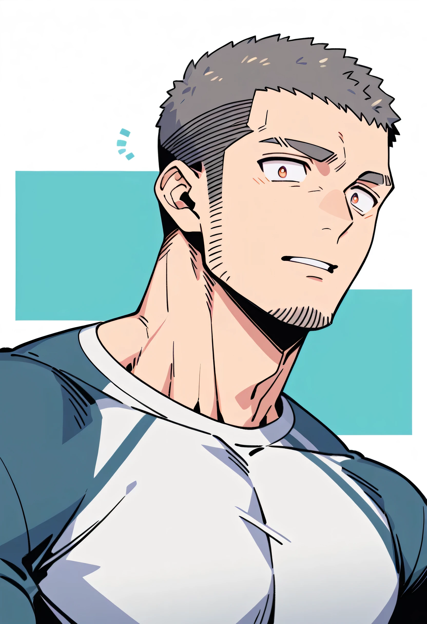anime characters:Priapus, Muscle Sports Student, Buzz Cut, Manliness, male focus, Light Grey high collar long sleeve tight T-shirt, Very tight, full and perky chest muscles, muscular male, muscular, only, Upper body, alone, Black short hair, Thick eyebrows, stubble, Brown-red pupils, White background, simple background, amazing quality, best aesthetics, Ridiculous, crew cut, parted lips, flustered, endured face, negative space, projected inset, best quality