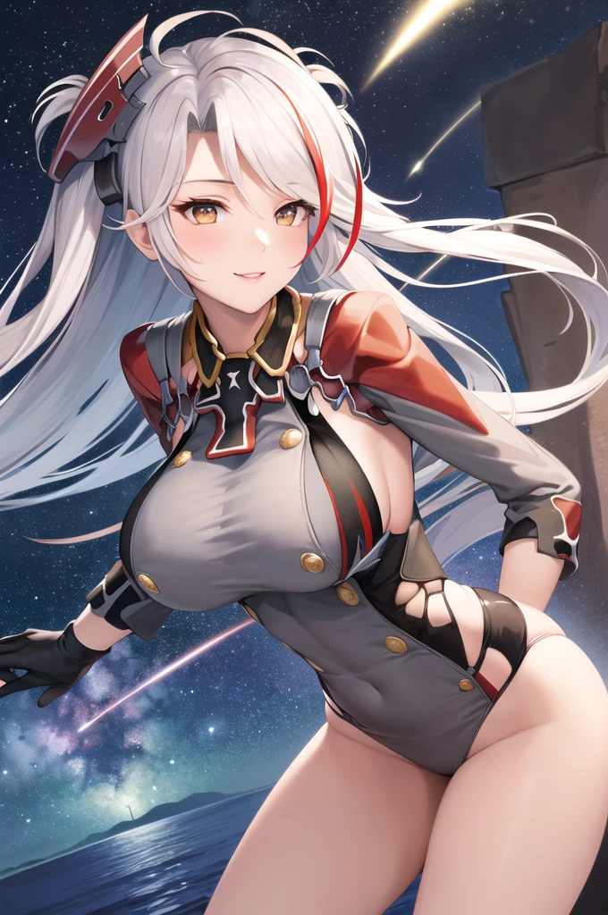 ((PrinzV4:1.5)),((独奏, 1girl)) ((masterpiece,Highest quality,Highly detailed images,Beautiful images、Realistic、Dutch Angle)),（Top-down angle image）、 (Bright lighting overall、Backlight、A fantastic atmosphere、Thick Fog、Dust flutters),(Sexy pose、sideboob、large , Place your hands behind your back:1.5、Leaning forward、Charming smile), ((Mysterious night sky、shooting star、Stars Shining、Ocean))、Black sleeves、Emphasize the chest、Looking up、Hands behind the body、Leaning forwardに
