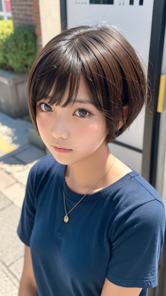 A cute girl with short hair and bob hair, about middle school age, double eyelids, a little tanned skin, and a timid look.