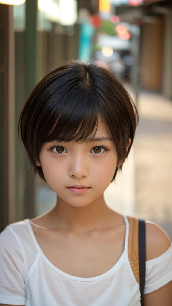 A cute girl with short hair and bob hair, about middle school age, double eyelids, a little tanned skin, and a timid look.
