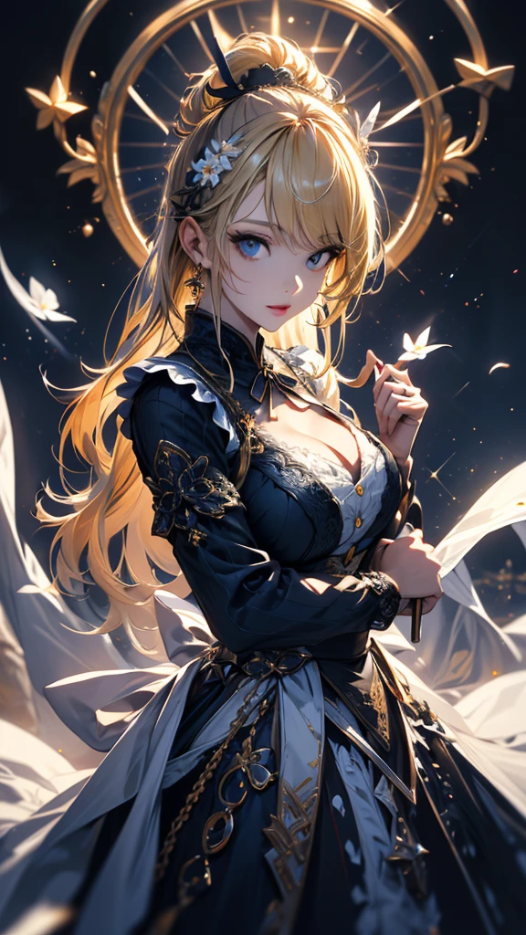 masterpiece, high quality, 4K, Beautiful design, silhouette，blonde， 非常に詳細な夜のStarry Sky,Flower Field， wonderful, Finer details,  Very knowledgeable woman, Highly detailed solo, 1 female,Big Breasts，Gothic Lolita Fashion，Hold the fan in front of your chest.，Night view，Starry Sky，full moon，