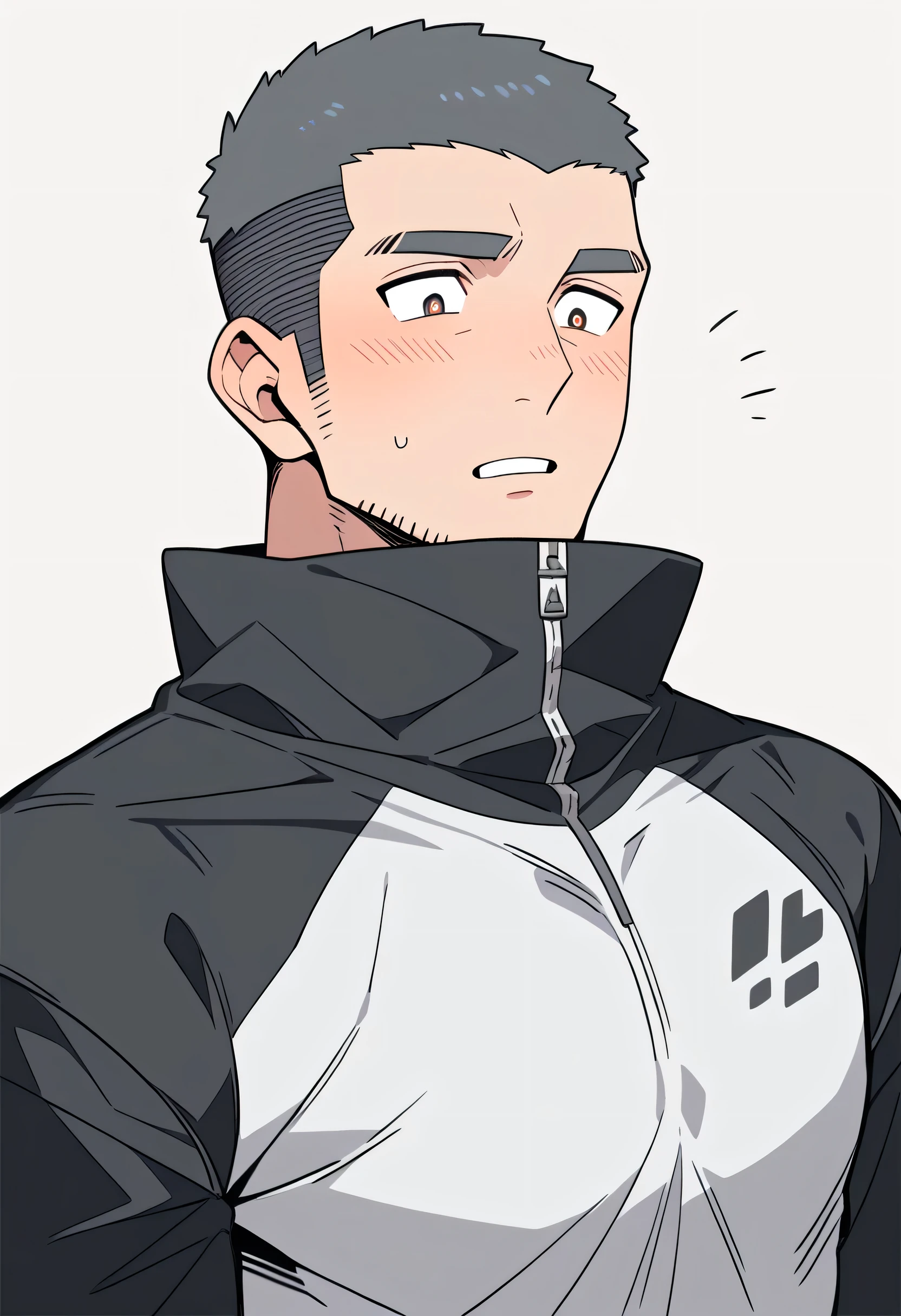 anime characters:Priapus, Muscle Sports Student, Buzz Cut, Manliness, male focus, Light Grey high collar long sleeve tight T-shirt, Very tight, full and perky chest muscles, muscular male, muscular, only, Upper body, alone, Black short hair, Thick eyebrows, stubble, Brown-red pupils, White background, simple background, amazing quality, best aesthetics, Ridiculous, crew cut, parted lips, flustered, endured face, blush, negative space, best quality
