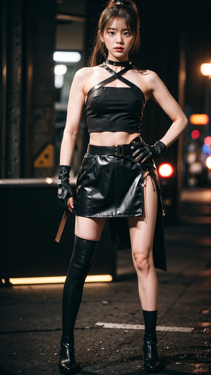 (8K、RAW Photos、Highest quality、masterpiece:1.2)、(Highest quality、Realistic)、1 Girl、((leather、ガーターbelt、ponytail、Tube top、Arm Covers、Ninja costume、mini skirt、tights、Belly button、Gloves、belt、ribbon、See-through、Thin legs、whole body、boots、City of night、View from the front、Looking into the camera、Stand with hands on hips))、cute