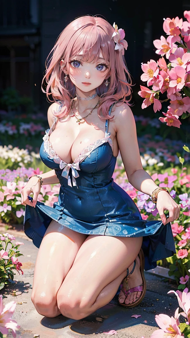 (Masterpiece, BestQuality:1.3), (ultra detailed:1.2), (hyperrealistic:1.3), (RAW photo:1.2), High detail RAW color photo, professional photograph, (Photorealistic:1.4), (realistic:1.4), (Pink Hair:1.5), professional lighting, perfect anatomy, (Big Breasts:1.2), (blush, detailed face), (cheerful Smile:1.5), Trending Hair&Trending Hairカラーをランダムに, earrings, necklace, bracelet, sexly, erotic sexly, Random sexy gravure poses, (Blue dress and white sandals、The background is a flower field、Lifting her dress a little to show off her thighs、Pose picking flowers。:1.3)