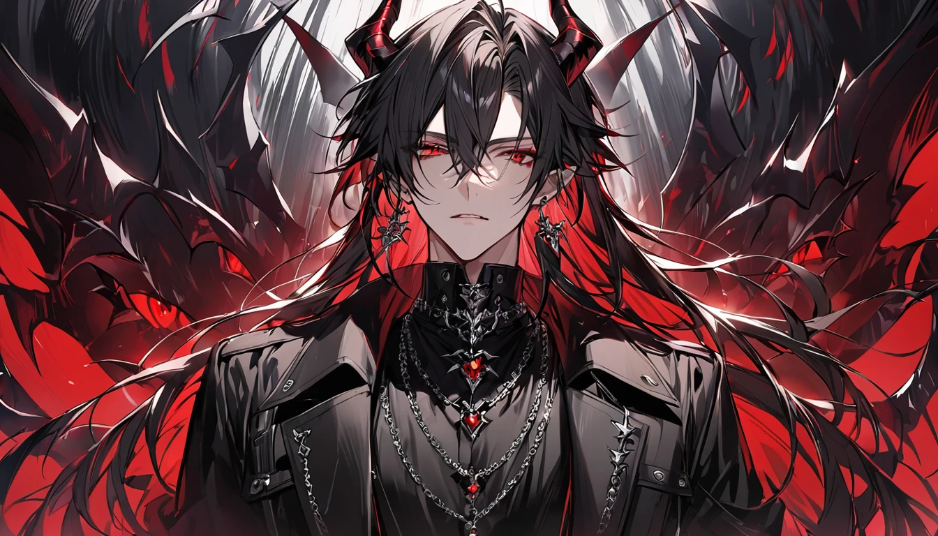 alone, good looking, 1 male, Long hair, Middle parted hair, Black hair, Red eyes, Black shirt, Black Trench Coat, Royal Demon Silver Jewellery, Royal Demon Earrings, Black horns, Front Facing, Vtuber Front Facing Camera