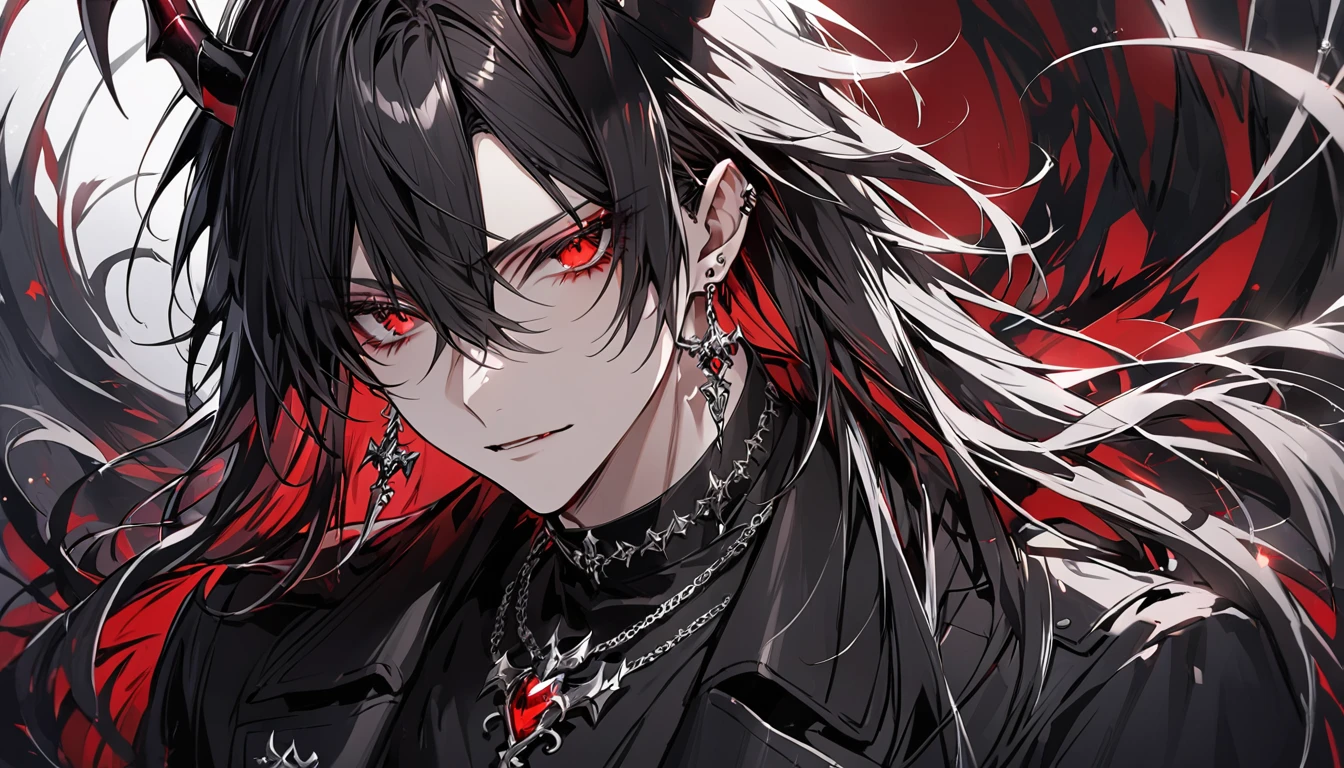 alone, good looking, 1 male, Long hair, Middle parted hair, Black hair, Red eyes, Black shirt, Black Trench Coat, Royal Demon Silver Jewellery, Royal Demon Earrings, Black horns, Front Facing, Vtuber Front Facing Camera