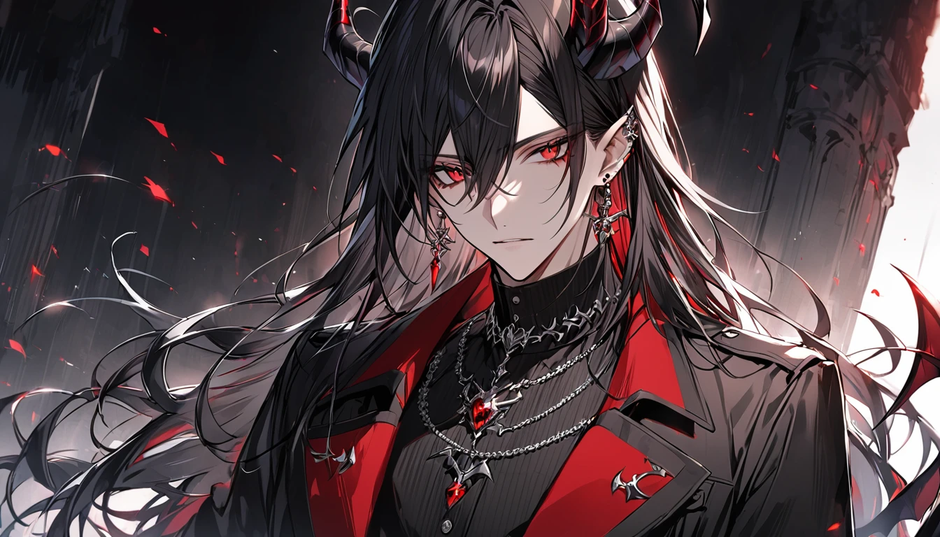 alone, good looking, 1 male, Long hair, Middle parted hair, Black hair, Red eyes, Black shirt, Black Trench Coat, Royal Demon Silver Jewellery, Royal Demon Earrings, Black horns, Front Facing, Vtuber Front Facing Camera