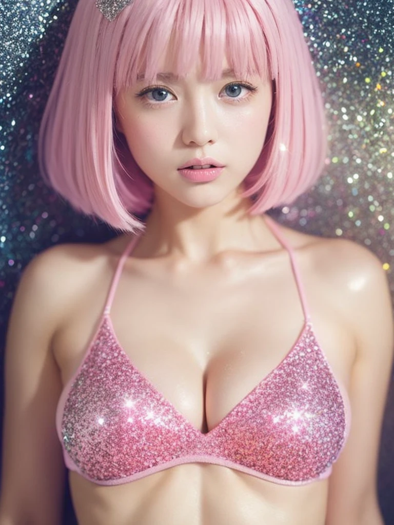 Dreamy atmosphere, High Contrast, Ultra Sharp, Studio shot、Upper body portrait、Angle from below、(Tiny glitter pink Bikini:1.4), (Big and ample breasts:1.4), Focus on the chest、Slim Body Enhancement、Realistic、Realistic、Highly detailed cute girl、alone、18-year-old、Japanese、Melancholic expression, Big and ample breasts、pink Hair、Medium bob cut hair, vivid multicolor wallpaper for background、Out of focus、Blur、