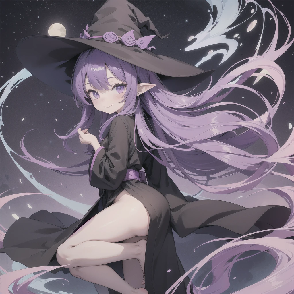Anime girl. Long purple hair and wearing a black robe. Pointy ears. Witch hat. Cute cartoon. Illustration, alone. Looking back. Full body. About high school age. Smiling.