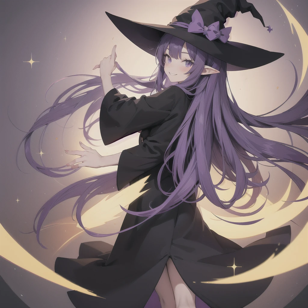 Anime girl. Long purple hair and wearing a black robe. Pointy ears. Witch hat. Cute cartoon. Illustration, alone. Looking back. Full body. About high school age. Smiling.