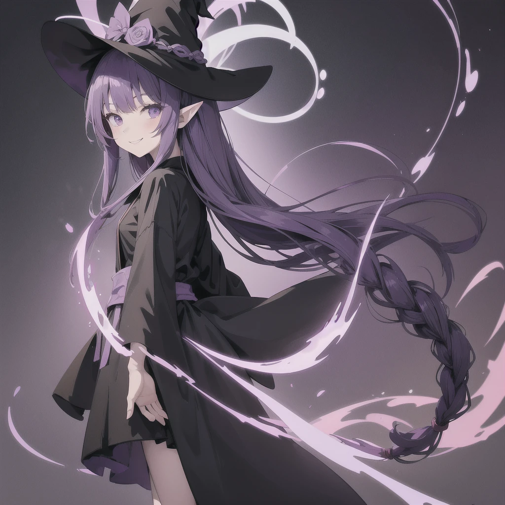Anime girl. Long purple hair and wearing a black robe. Pointy ears. Witch hat. Cute cartoon. Illustration, alone. Looking back. Full body. About high school age. Smiling.