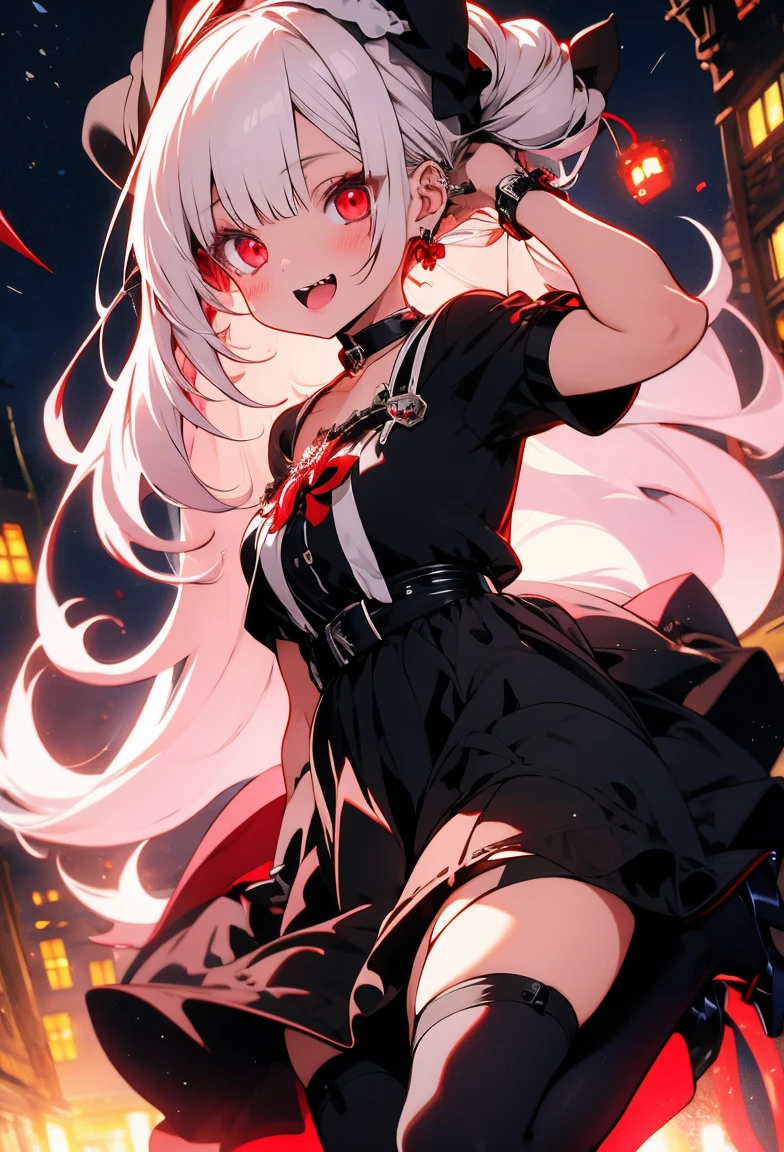 Cute, girly character, big red eyes, shine lights, white hair, scary face, vampire, black long dress, black heels, dark gothic castle, 