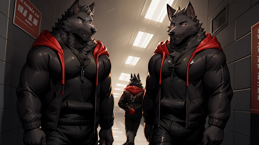 Black Wolf , alone, looking at the audience, shirt, 1 boy, jacket, male focus, open clothes, hood, black shirt, hoodie, muscular, chest muscles, muscular male, only, hooded jacket, sharp nails, normal school corridor as a background, day, sunny, black fur, student, alone, mad, center of image, school bully, mad face expression 