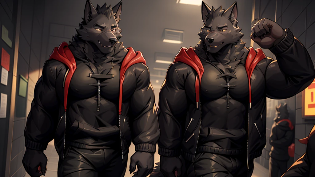 Black Wolf , alone, looking at the audience, shirt, 1 boy, jacket, male focus, open clothes, hood, black shirt, hoodie, muscular, chest muscles, muscular male, only, hooded jacket, sharp nails, normal school corridor as a background, day, sunny, black fur, student, alone, mad, center of image, school bully, mad face expression 