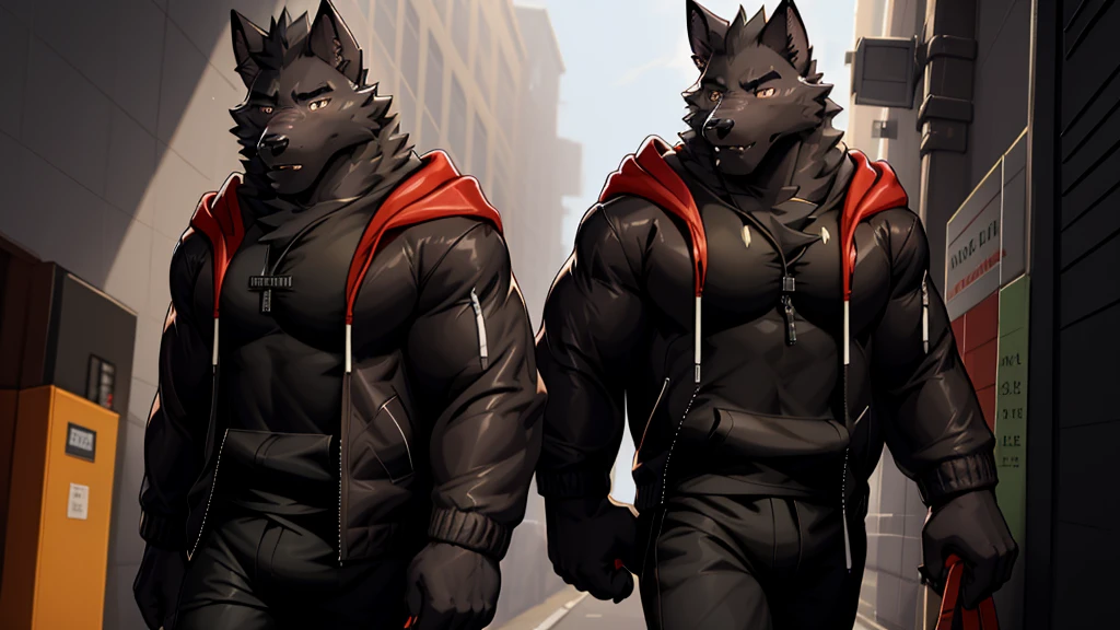 Black Wolf , alone, looking at the audience, shirt, 1 boy, jacket, male focus, open clothes, hood, black shirt, hoodie, muscular, chest muscles, muscular male, only, hooded jacket, sharp nails, normal school corridor as a background, day, sunny, black fur, student, alone, mad, center of image, school bully, mad face expression 