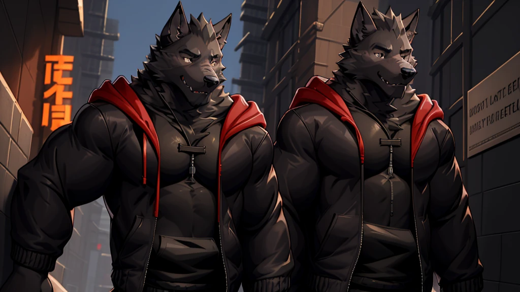 Black Wolf , alone, looking at the audience, shirt, 1 boy, jacket, male focus, open clothes, hood, black shirt, hoodie, muscular, chest muscles, muscular male, only, hooded jacket, sharp nails, normal school corridor as a background, day, sunny, black fur, student, alone, mad, center of image, school bully, mad face expression 