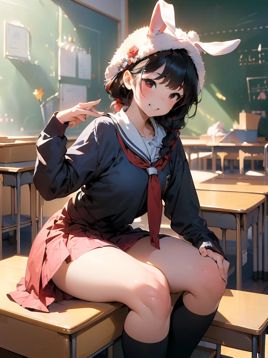 ((masterpiece, Highest quality, Absurd, High resolution, Very detailed, High resolution, Very nice 8K CG wallpaper)), 1 Girl, alone,Puffing out hteeth cheeks in anger、(Wave:1.1), Red eyes,Sidelong glance、((Animal Food、 Animal Hats、Animal Headgear、Rabbit Food))、Uneven bangs, hair ornaments、:teeth,Small breasts, ((Primary school students:1.8))、Animal Dress、smile、Tucked up,Clutch your chest,hair ornaments、Pasture,spring、 Baggy sweater, Knee socks, Cosplay Girlfriend、younger sister、 Underclassmen, classmate, Nice hands, Perfect hands,A quick panty shot、Middle Long Shot